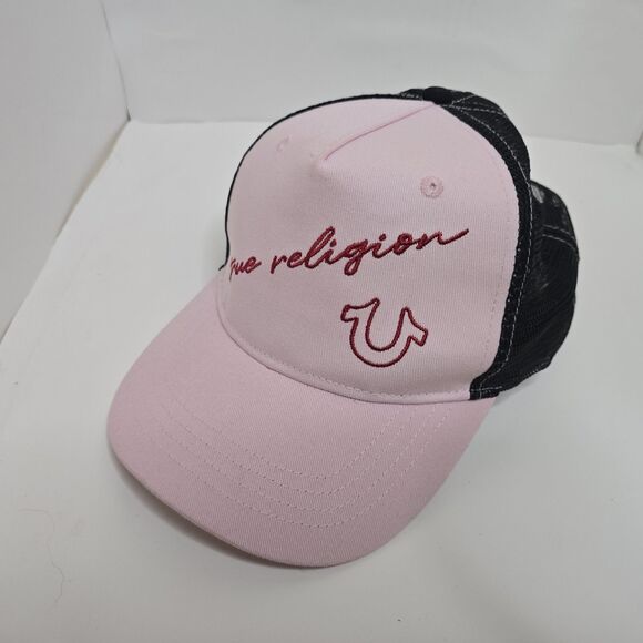 True Religion Pink w/ Black Mesh Adjustable Snapback Trucker Hat Cap One Size - Picture 1 of 12